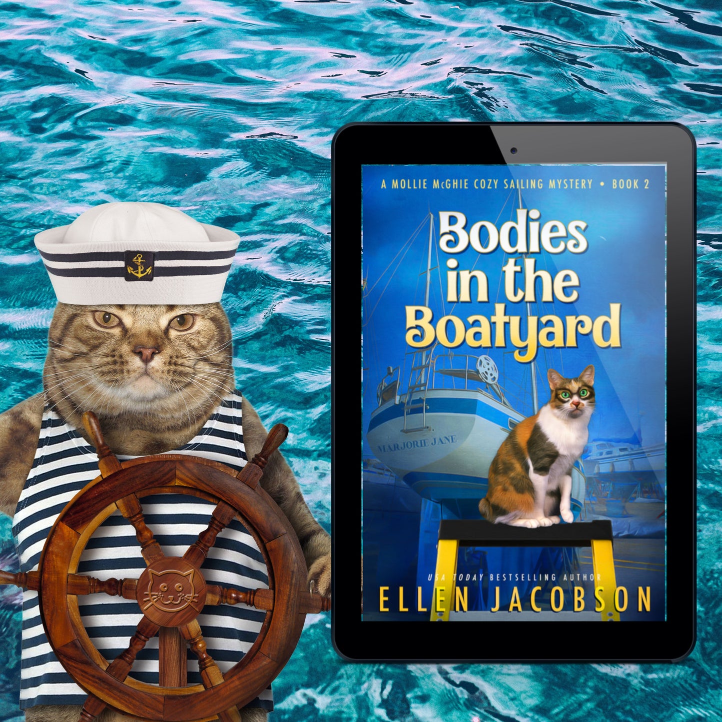Bodies in the Boatyard (Mollie McGhie Cozy Mystery #2) Ebook Cover with Funny Nautical Cat