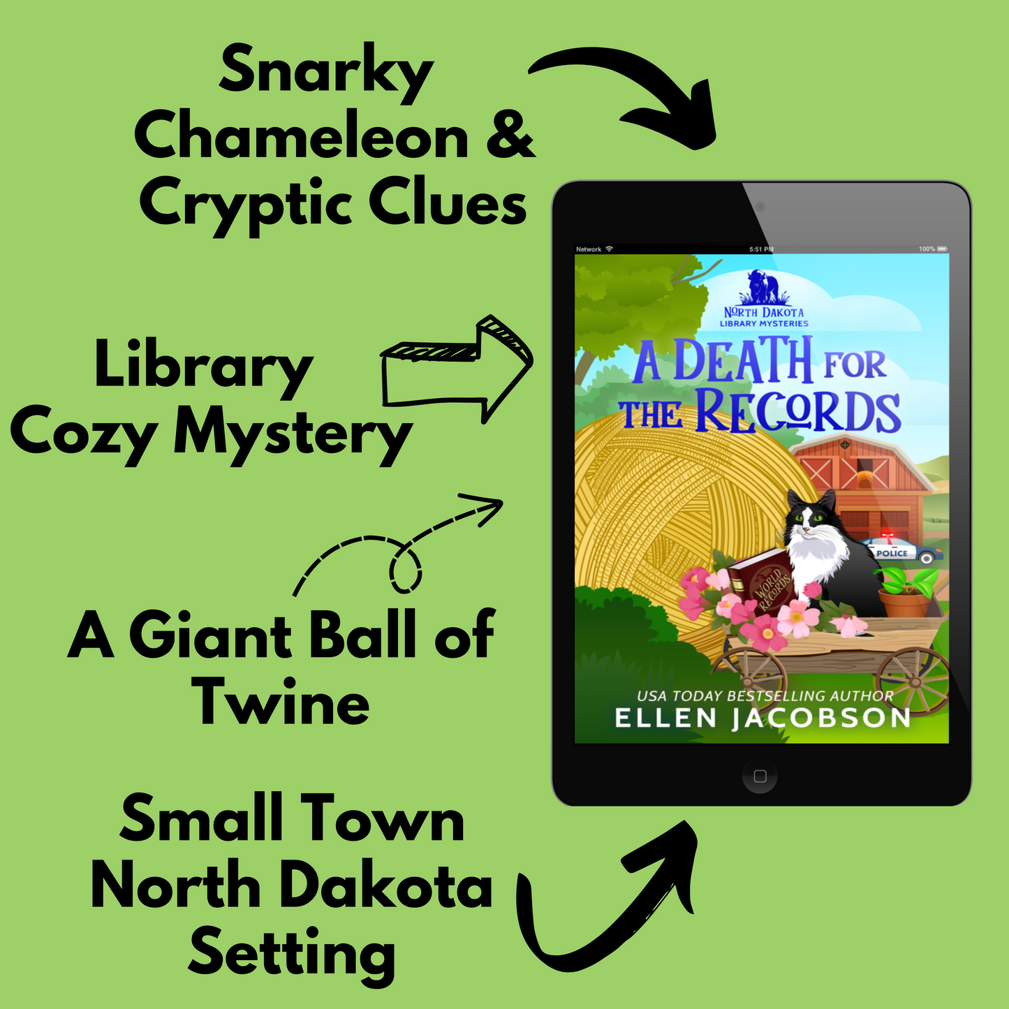 Promotional graphic for a book titled 'A Death for the Records' by Ellen Jacobson, featuring a tablet with the book cover on a green background.