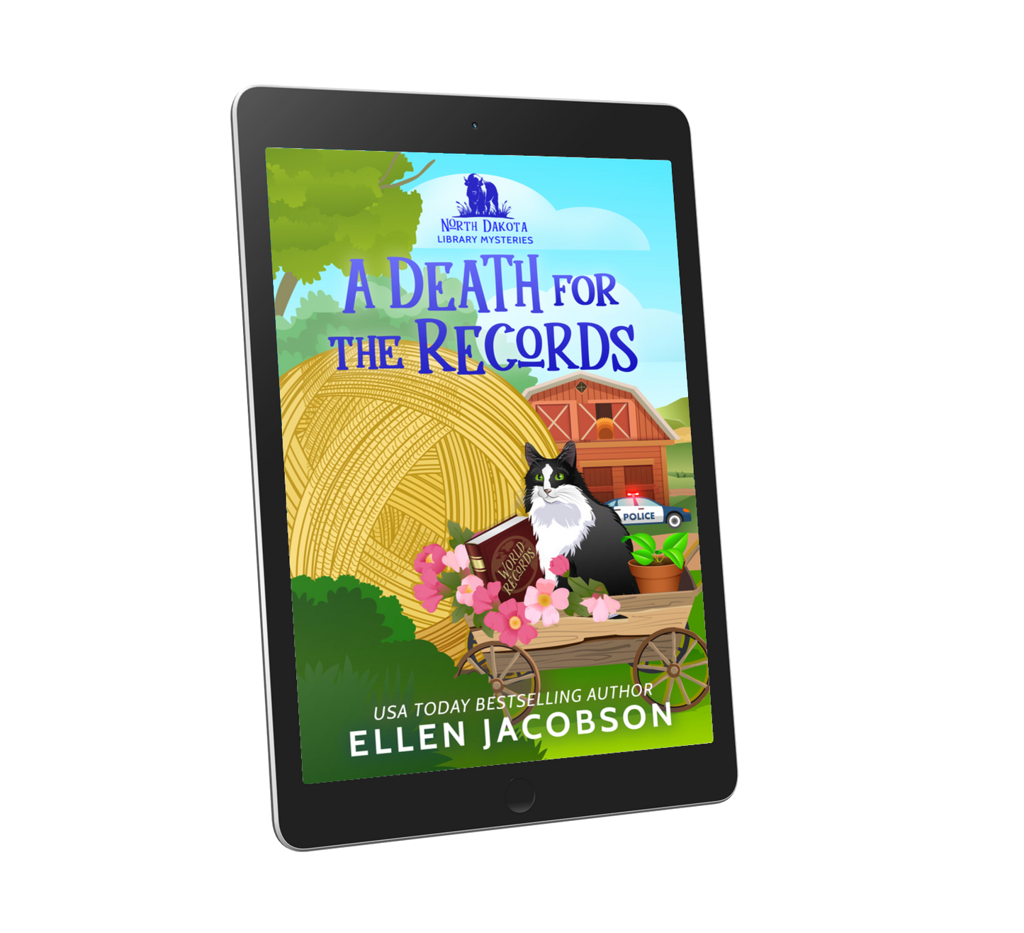 Ebook cover of 'A Death for the Records' by Ellen Jacobson on a tablet screen.