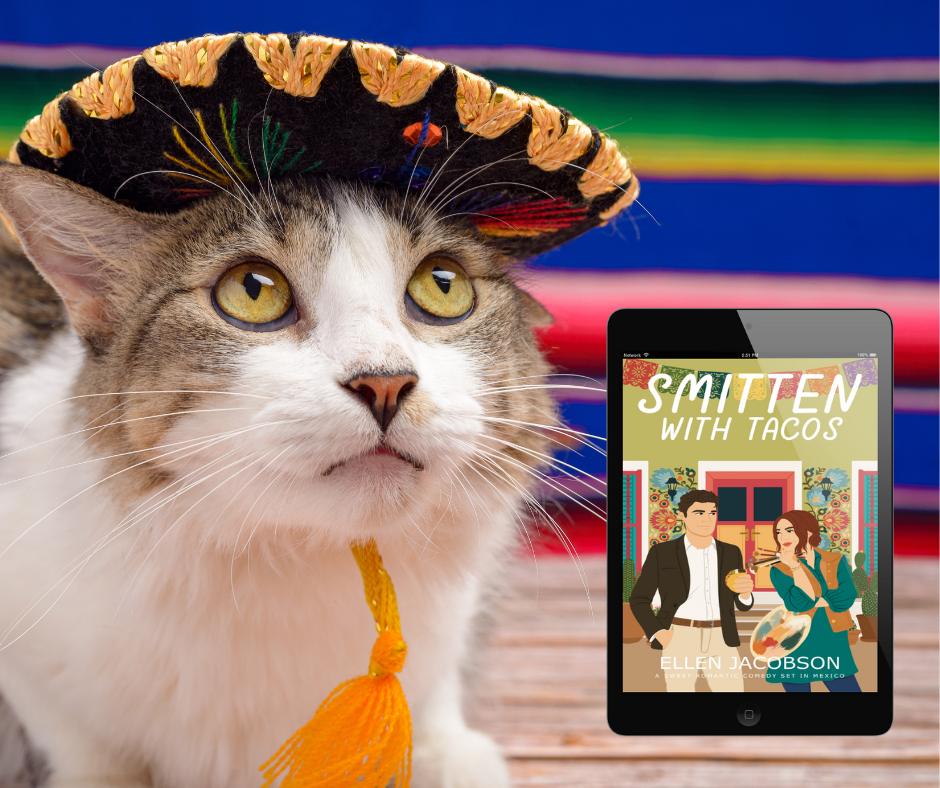 Cute cat wearing a sombrero next to a copy of Smitten with Tacos romantic comedy