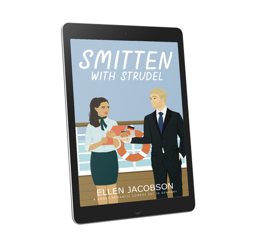 Smitten with Strudel romantic comedy set in Germany ebook cover showing couple on a riverboat cruise
