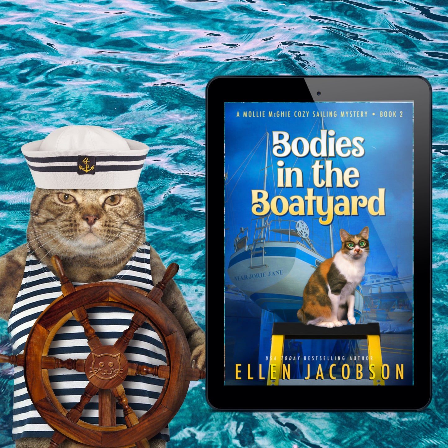 Bodies in the Boatyard (Mollie McGhie Cozy Mystery #2) Ebook Cover with Funny Nautical Cat 