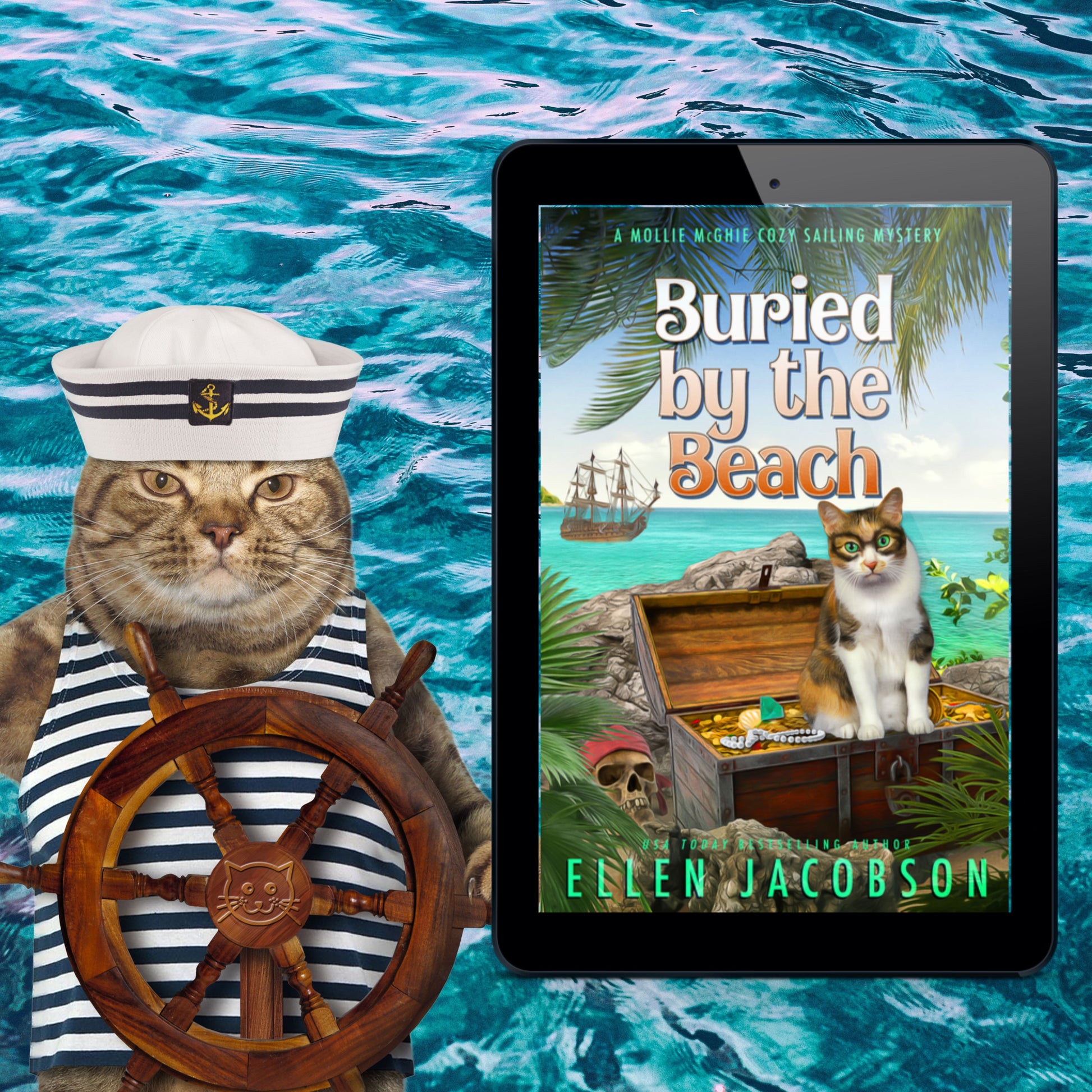 Buried by the Beach (Mollie McGhie Cozy Mystery Short Story) Ebook Cover with Funny Nautical Cat 