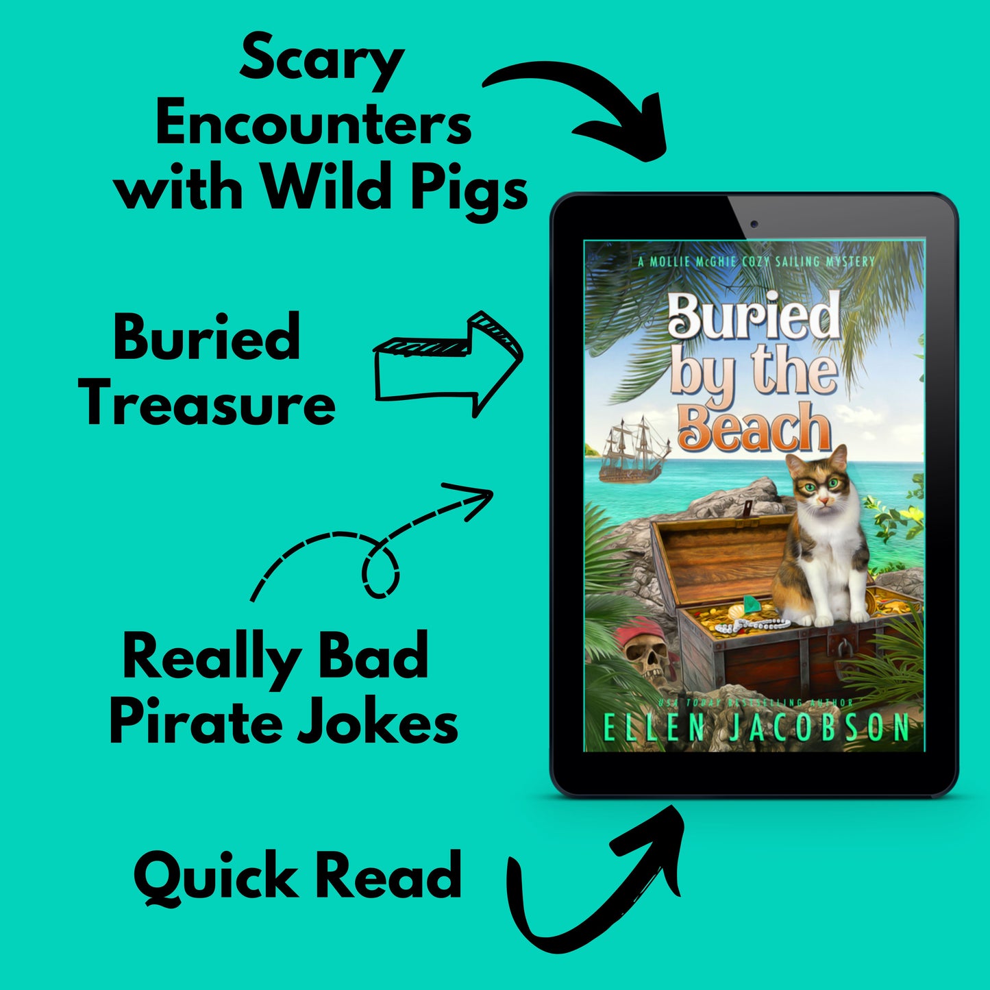 Buried by the Beach (Mollie McGhie Cozy Mystery Short Story) ebook cover with text that says scary encounters with wild pigs, buried treasure, really bad pirate jokes, and quick read
