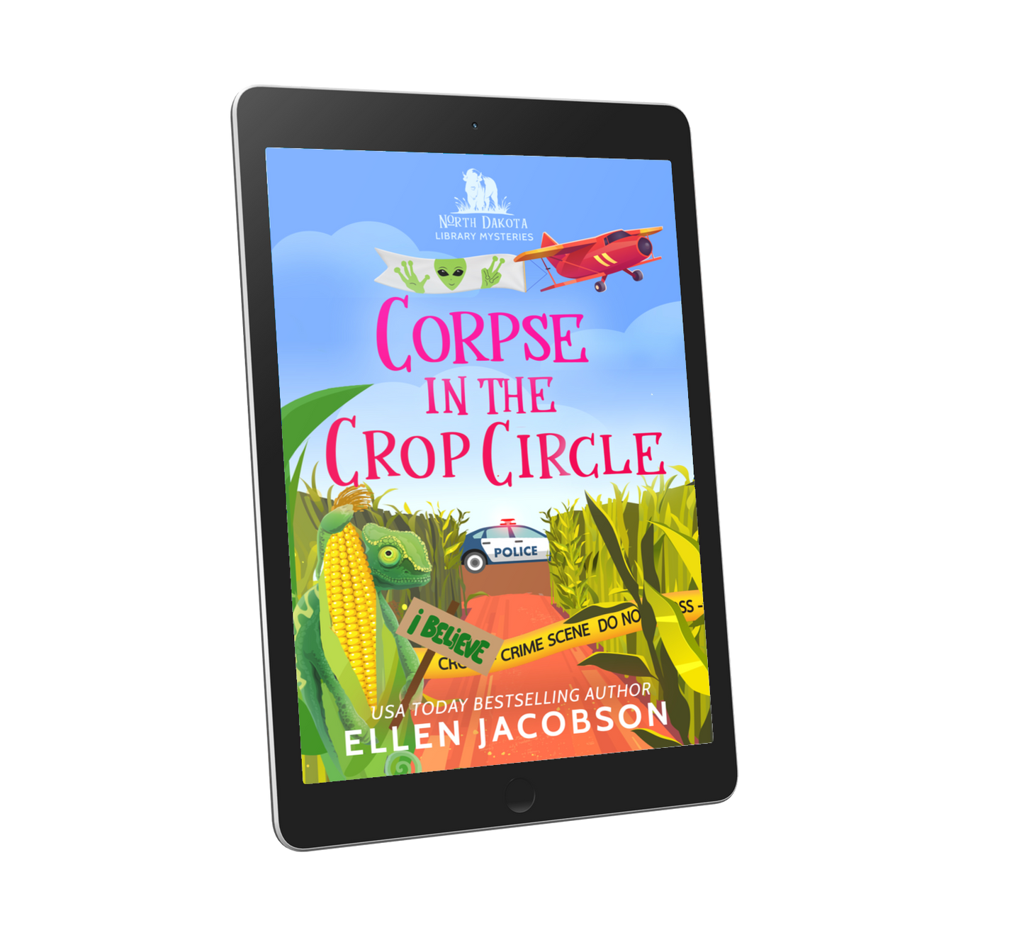 A tablet device displaying a colorful book cover titled "Corpse in the Crop Circle" by Ellen Jacobson, shown on a plain white background.