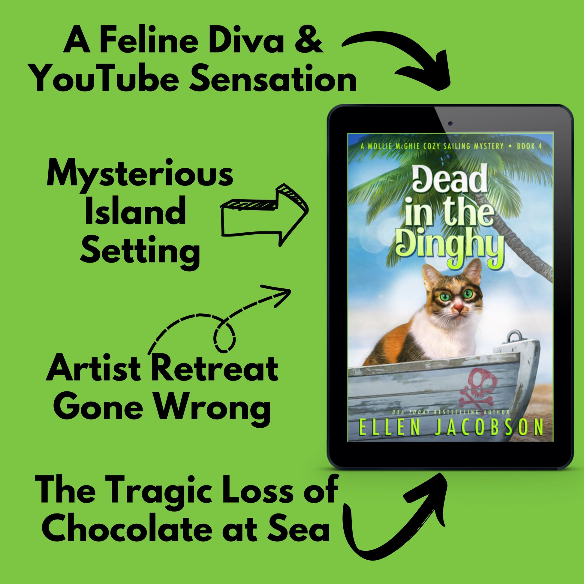 Dead in the Dinghy (Mollie McGhie Cozy Mystery #4) ebook cover with text that says a feline diva & YouTube sensation, mysterious island setting, artist retreat gone wrong, and the tragic loss of chocolate at sea