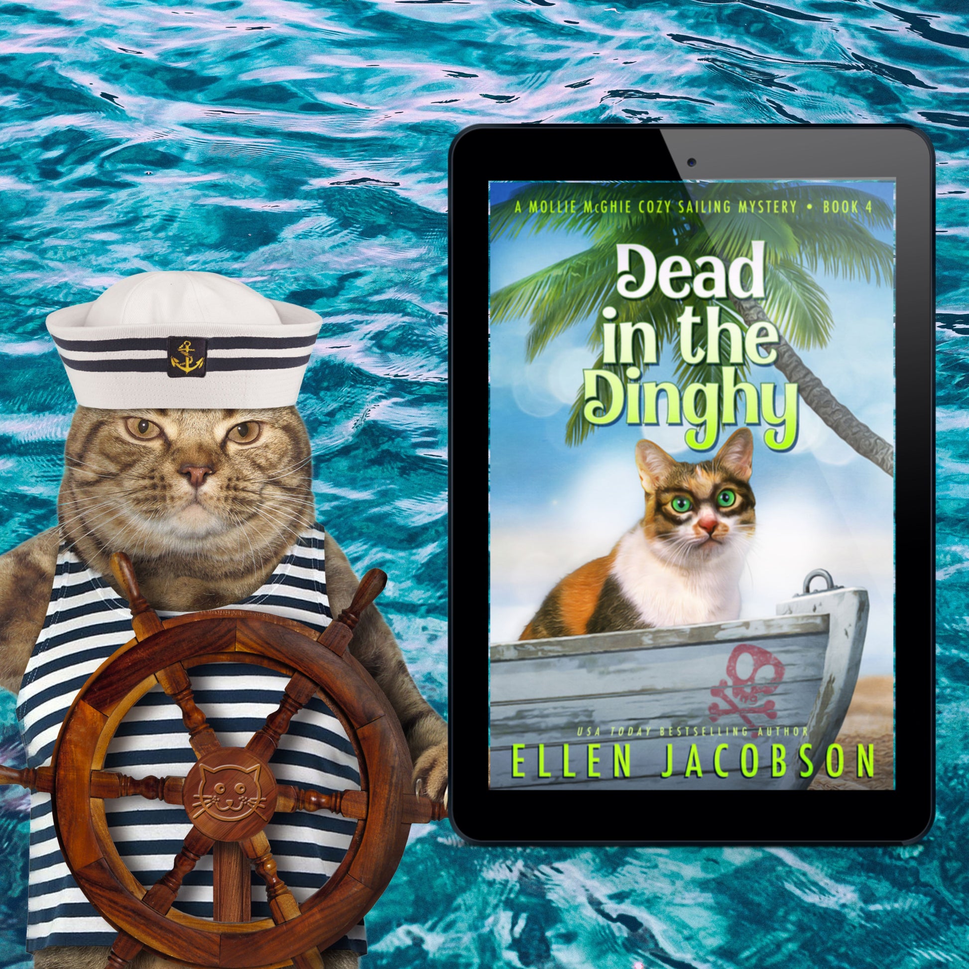 Dead in the Dinghy (Mollie McGhie Cozy Mystery #4) Ebook Cover with Funny Nautical Cat