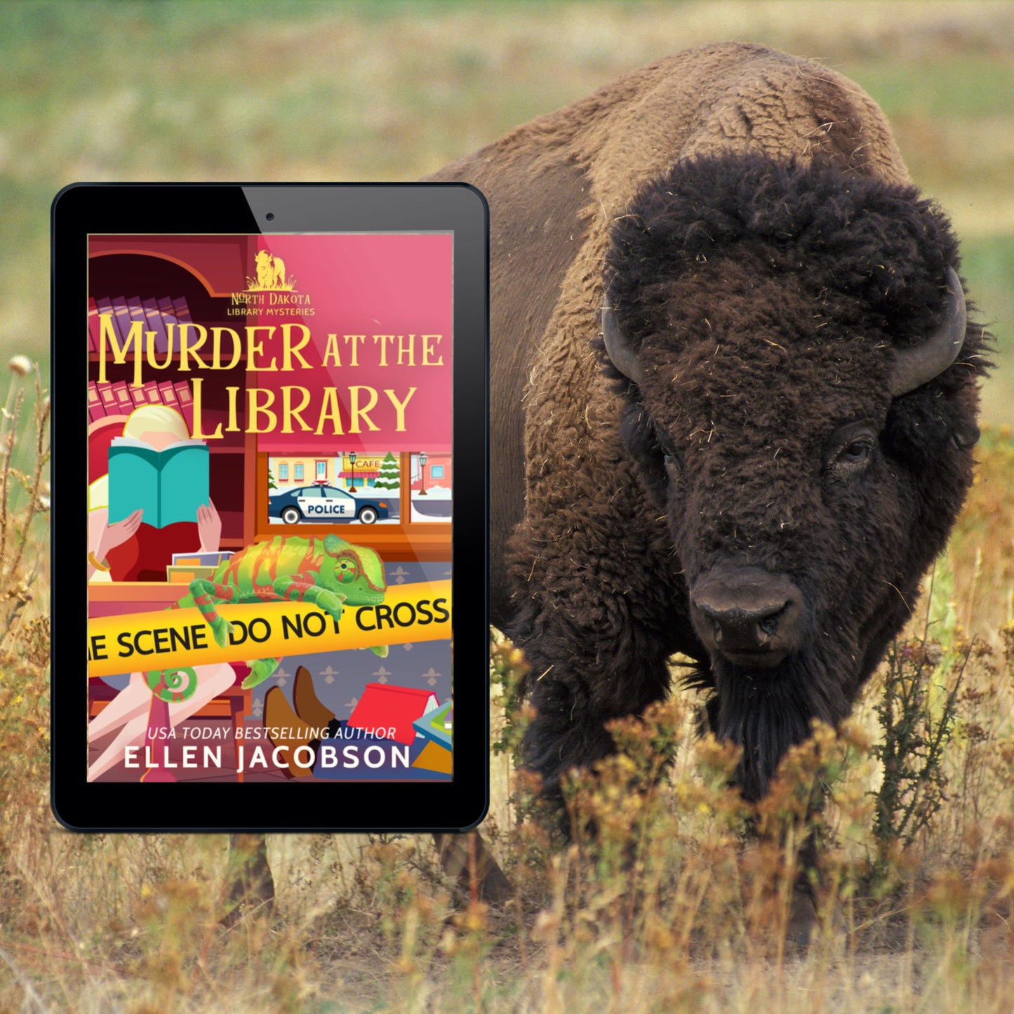 Murder at the Library cozy mystery ebook cover with picture of buffalo (bison)