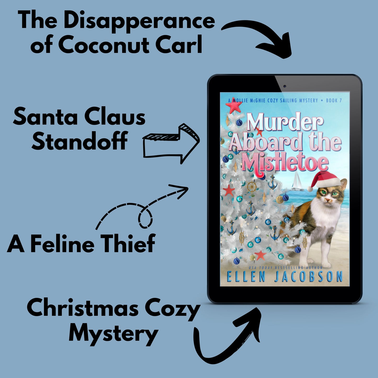 Murder aboard the Mistletoe (Mollie McGhie Cozy Mystery #7) ebook cover with text that says the disapperance of Coconut Carl, Santa Claus standoff, a feline thief, and a Christmas cozy mystery 