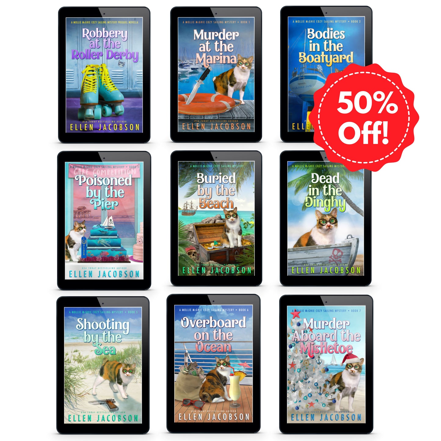 Image of the complete Mollie McGhie cozy mystery ebook bundle with a 50% off badge
