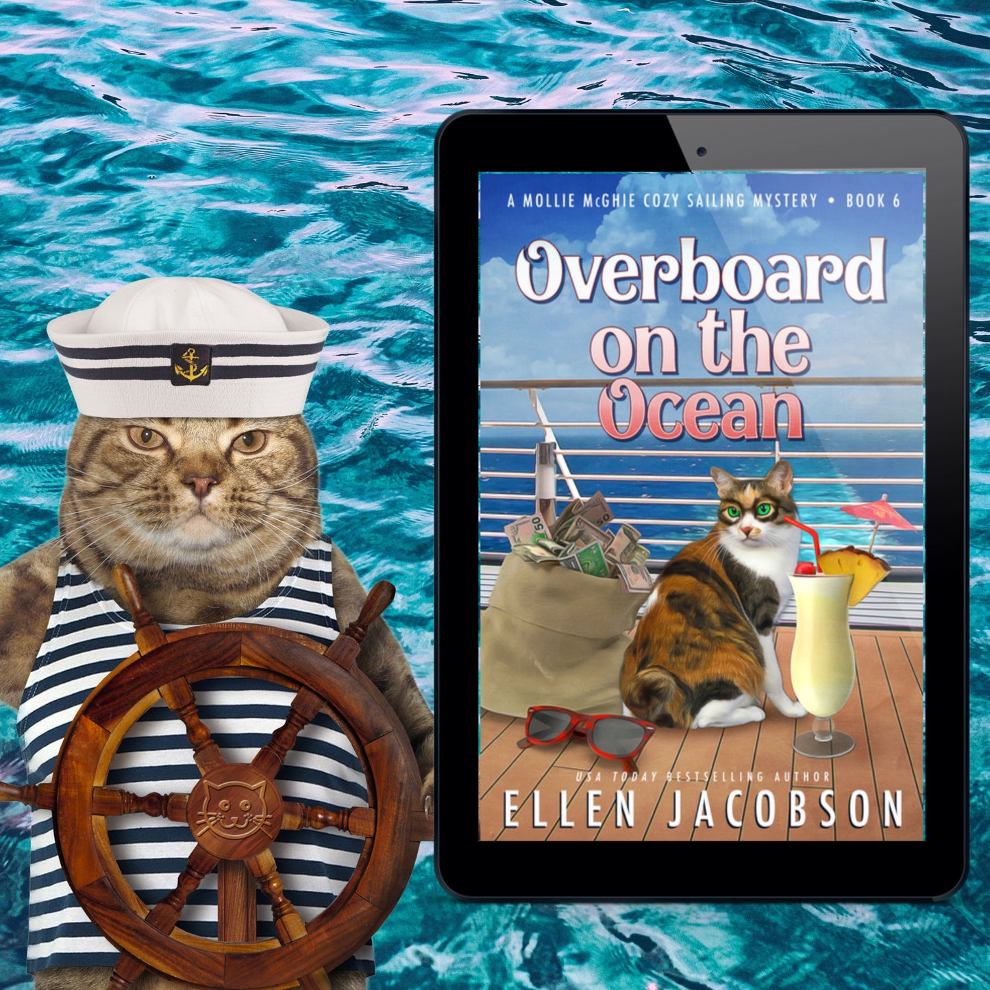 Overboard on the Ocean (Mollie McGhie Cozy Mystery #6) Ebook Cover with Funny Nautical Cat