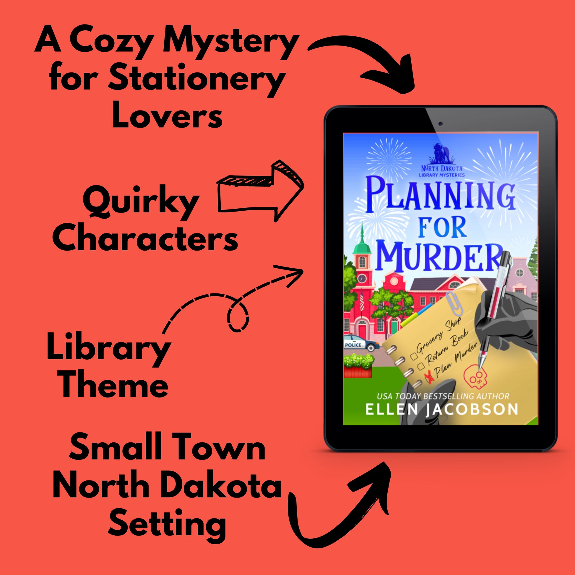 Planning for Murder ebook cover with text that says a cozy mystery for stationery lovers, quirky characters, library theme, and small town North Dakota setting