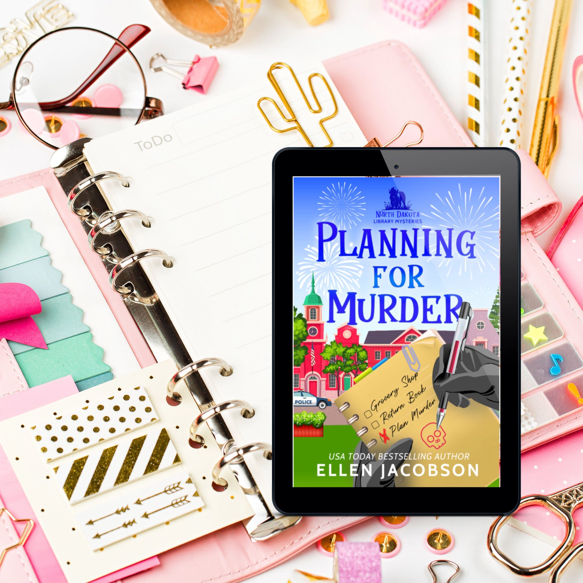 Planning for Murder ebook cover with stationery supplies