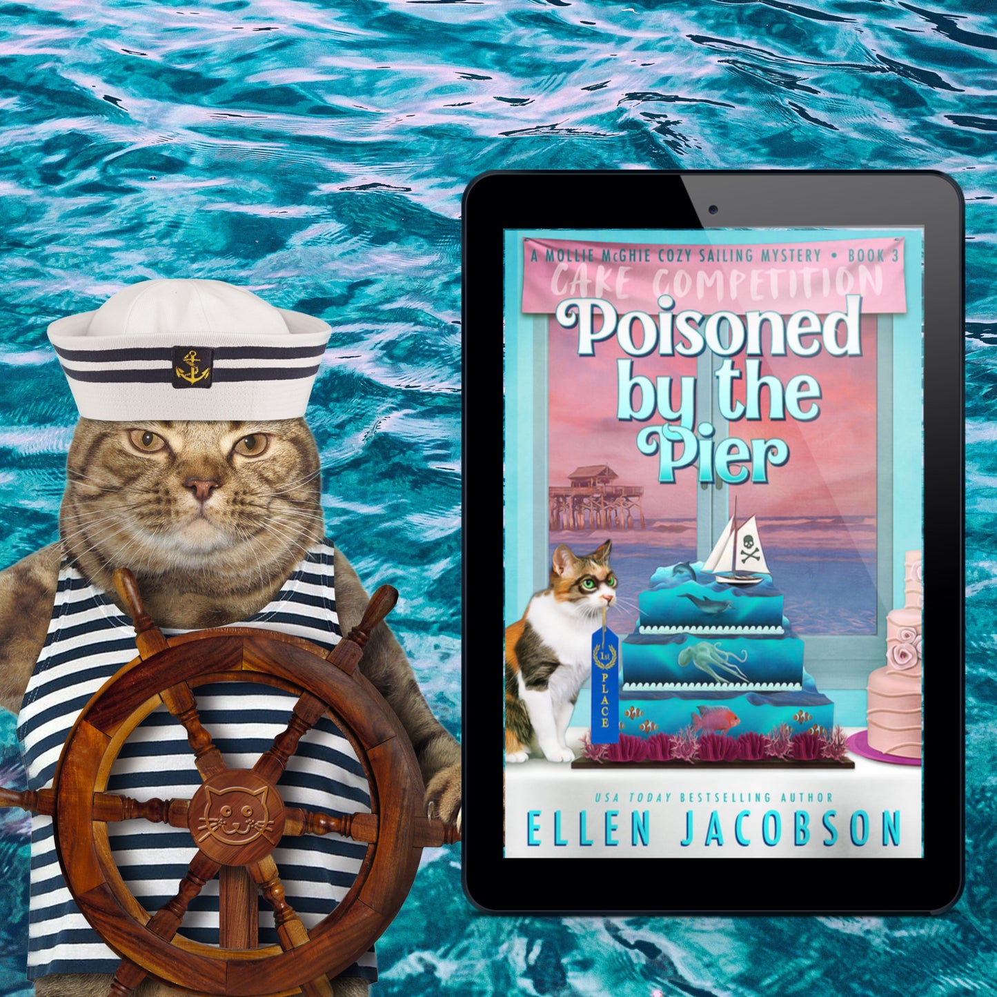 Poisoned by the Pier (Mollie McGhie Cozy Mystery #3) Cover with Image of Nautical Cat