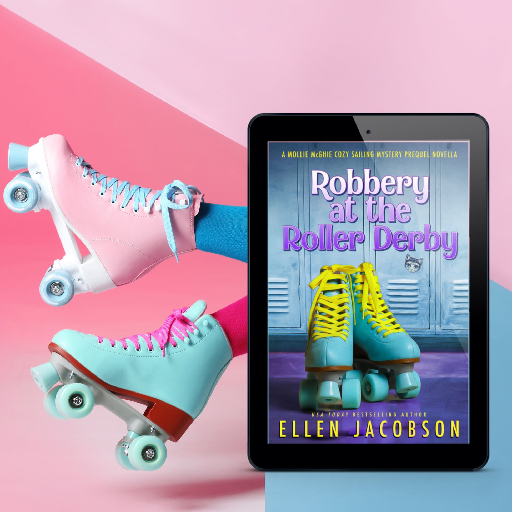 Robbery at the Roller Derby (Mollie McGhie Cozy Mystery Prequel) Ebook Cover with Image of Roller Skates