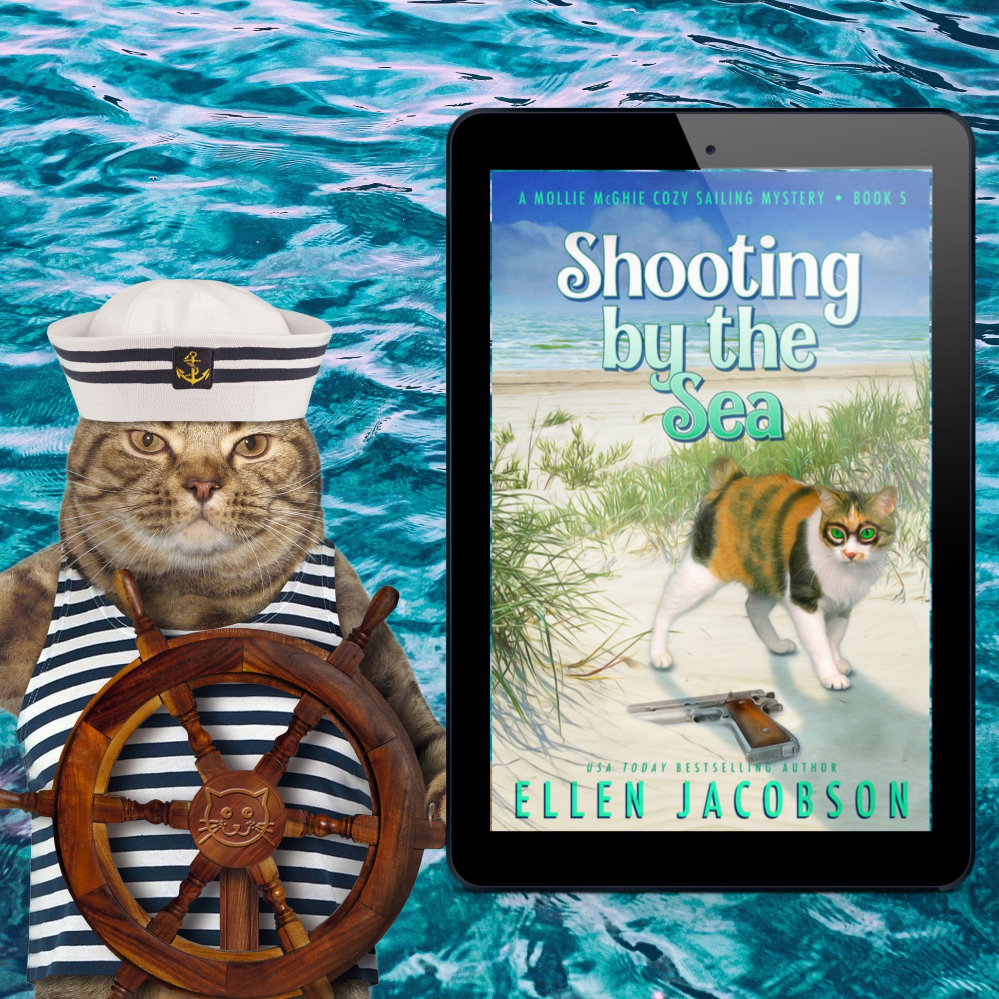 Shooting by the Sea (Mollie McGhie Cozy Mystery #5) Ebook Cover with Funny Nautical Cat 