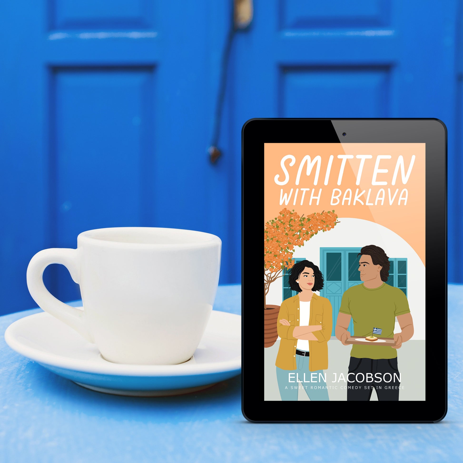 Smitten with Baklava ebook cover next to  white coffee cup and blue door