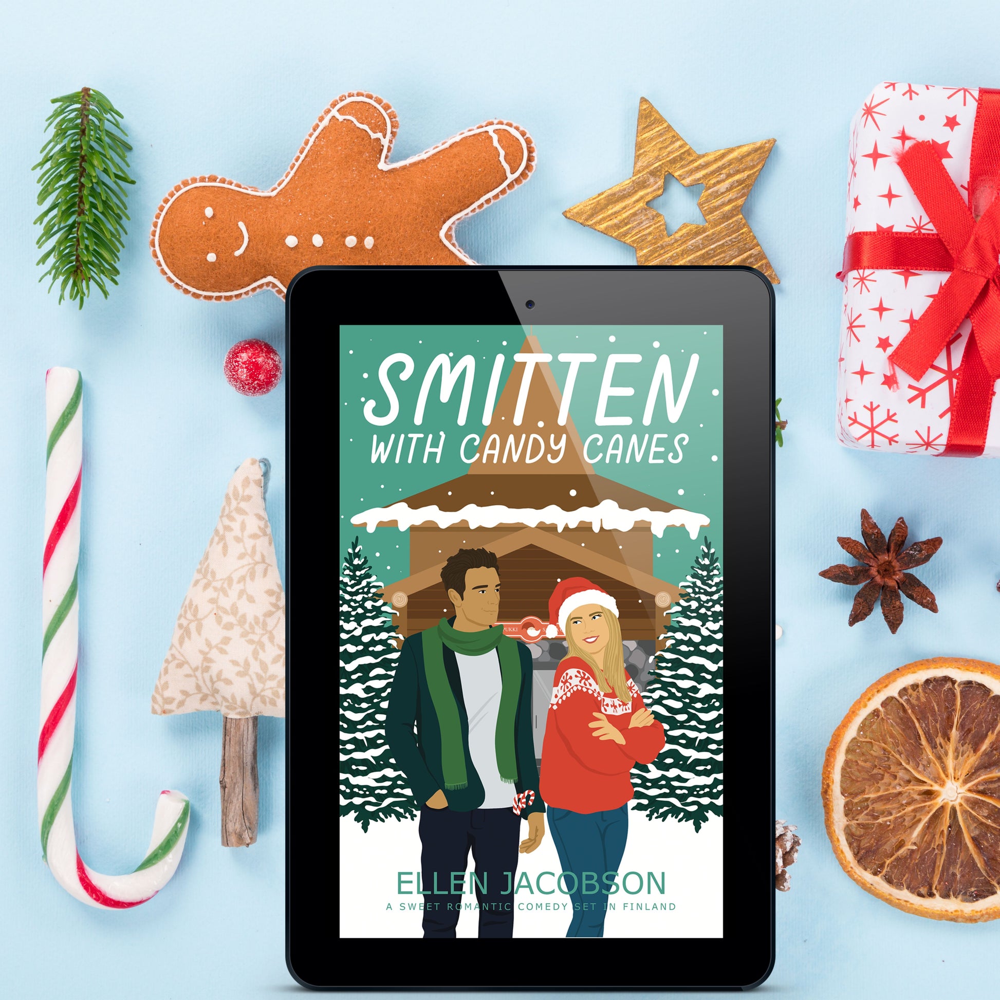 Smitten with Candy Canes ebook cover against Christmas background