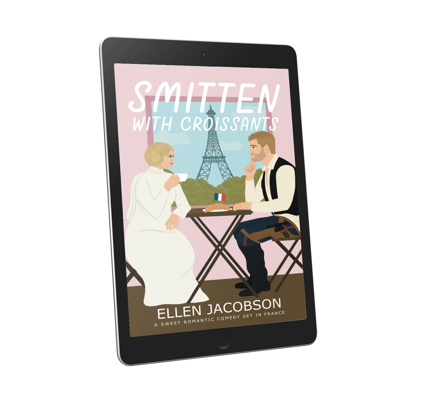 Smitten with Croissants romantic comedy set in France ebook cover showing woman wearing Princess Leia outfit and man wearing Han Solo outfit