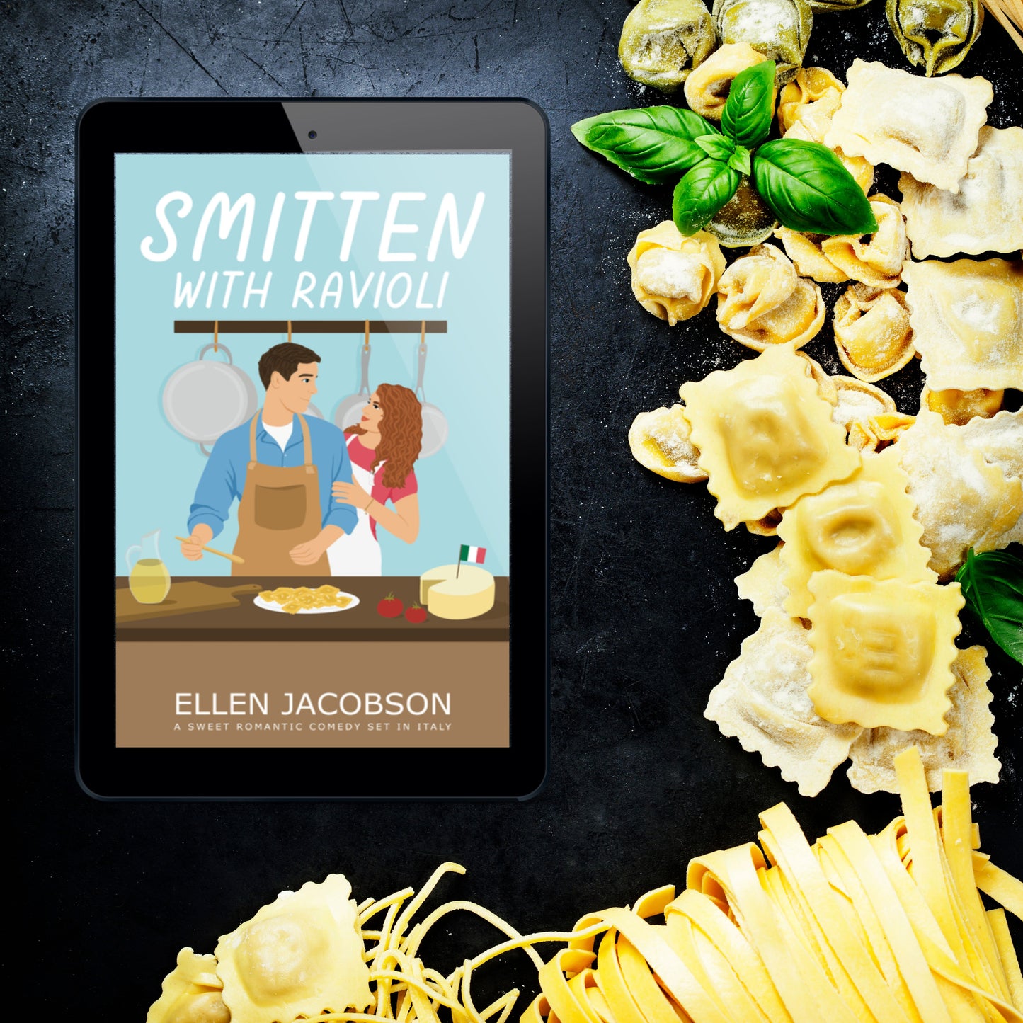 Smitten with Ravioli romantic comedy ebook cover against background with pasta