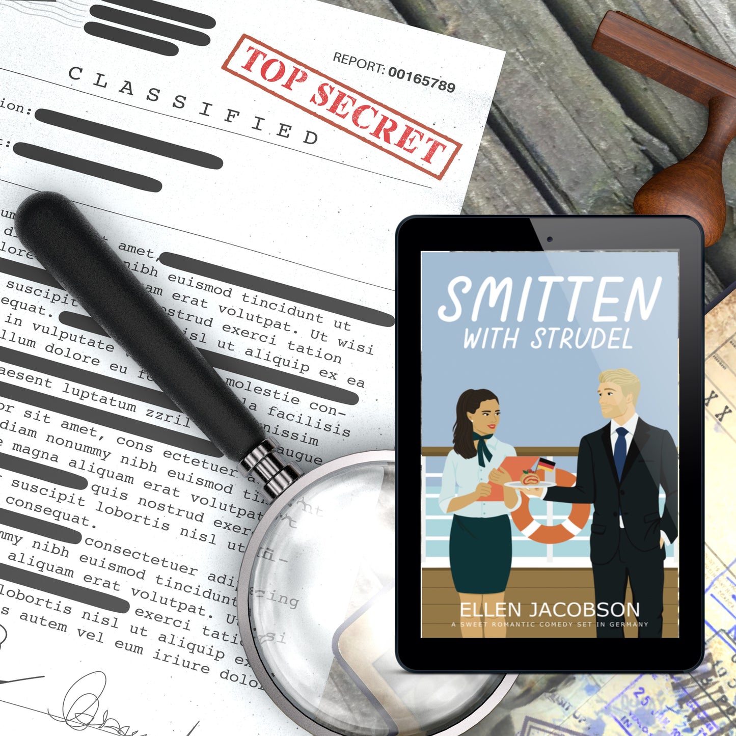 Smitten with Strudel romantic comedy ebook cover with top secret classified documents and magnifing glass